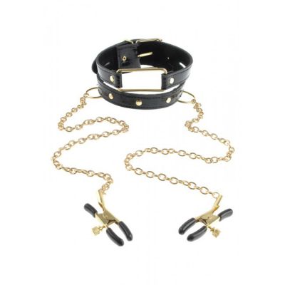 Fetish Fantasy Gold Collar Gold Chain Nipple Clamps