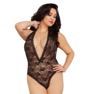 Dreamgirl Plus Size Black Lace Teddy With Heart Cut Out Detail