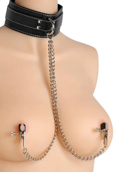 Master Series Leather Bondage Collar with Nipple Clamps — image 3 of 4