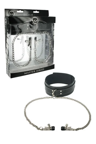 Master Series Leather Bondage Collar with Nipple Clamps — image 4 of 4