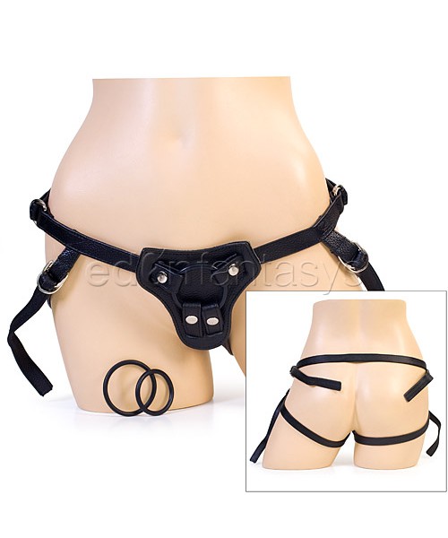 Adjustable strap on dildo harness