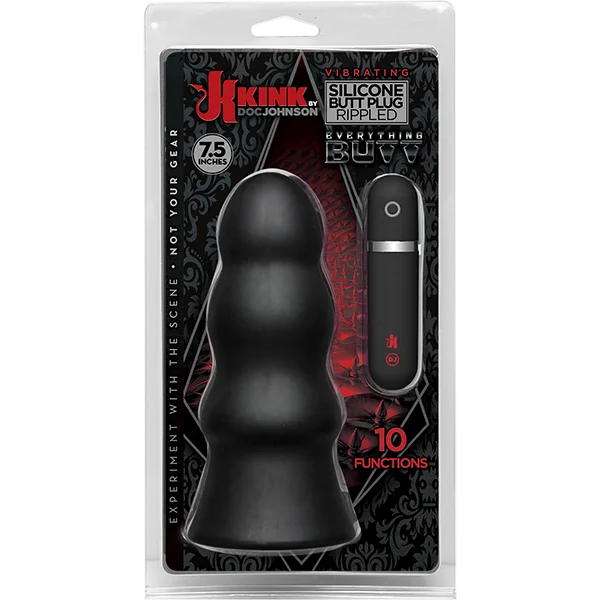 Kink Vibrating Silicone Butt Plug Rippled 7.5 inch Black — image 8 of 8