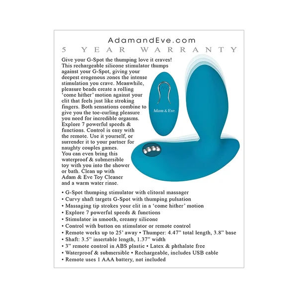 Adam & Eve Eve's G Spot Thumper w/Clit Motion Massager - Teal — image 19 of 19