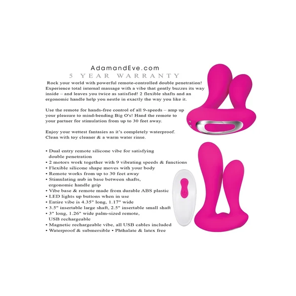 Adam & Eve Rechargeable Dual Entry Vibe w/Remote - Pink — image 16 of 16