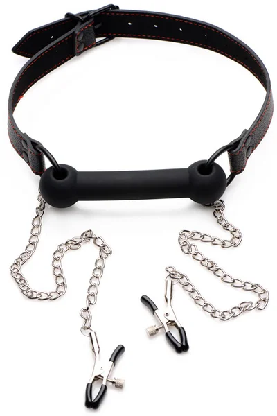 Strict Silicone Bit Gag with Attached Nipple Clamps — image 12 of 12