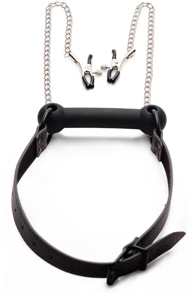 Strict Silicone Bit Gag with Attached Nipple Clamps — image 8 of 12
