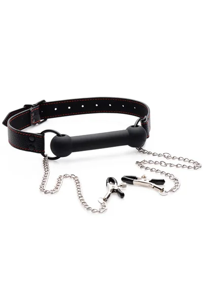 Strict Silicone Bit Gag with Attached Nipple Clamps — image 9 of 12