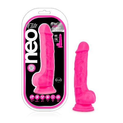 Neo Elite 7 5in Silicone Dual Density Cock with Balls Neon Pink