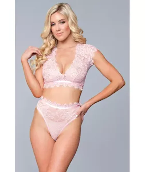 Two Piece Lace Eyelash Crop Bralette And High Waist Thong Set - Baby Pink - L — image 4 of 6