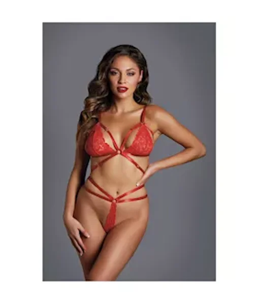 The Flame Strappy Lace Bra & Thong Set - Red - O/s — image 3 of 4
