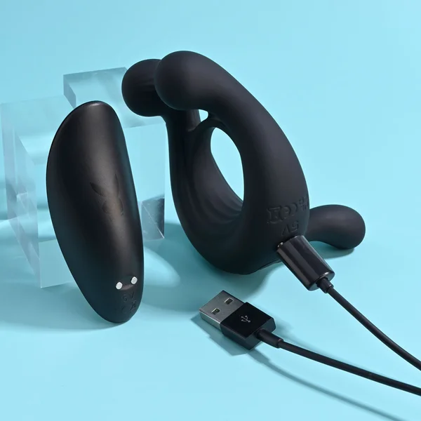 Playboy Triple Play Rechargeable Remote Controlled Vibrating Silicone Cockring w/ Stimulator Black — image 8 of 8