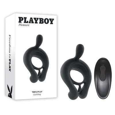 Playboy Triple Play Rechargeable Remote Controlled Vibrating Silicone Cockring w Stimulator Black