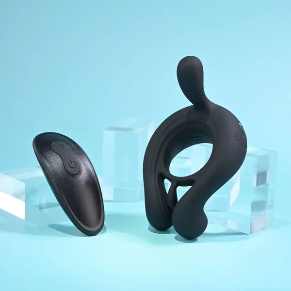 Playboy Triple Play Rechargeable Remote Controlled Vibrating Silicone Cockring w/ Stimulator Black — image 2 of 8