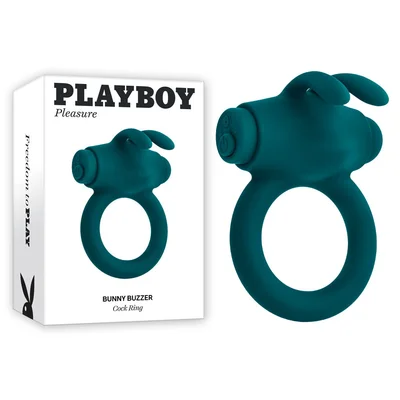 Playboy Bunny Buzzer Rechargeable Vibrating Silicone Cockring With Stimulator Deep Teal