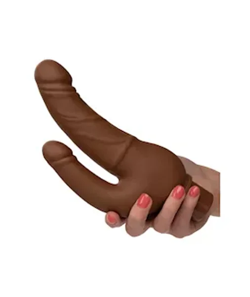 Rechargeable Power Stud Over & Under Double Dildo Vibrator - Brown - 4.5 Inch