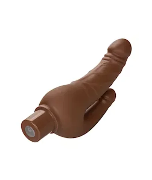 Rechargeable Power Stud Over & Under Double Dildo Vibrator - Brown - 4.5 Inch
