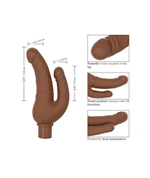 Rechargeable Power Stud Over & Under Double Dildo Vibrator - Brown - 4.5 Inch