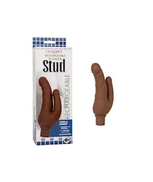 Rechargeable Power Stud Over & Under Double Dildo Vibrator - Brown - 4.5 Inch