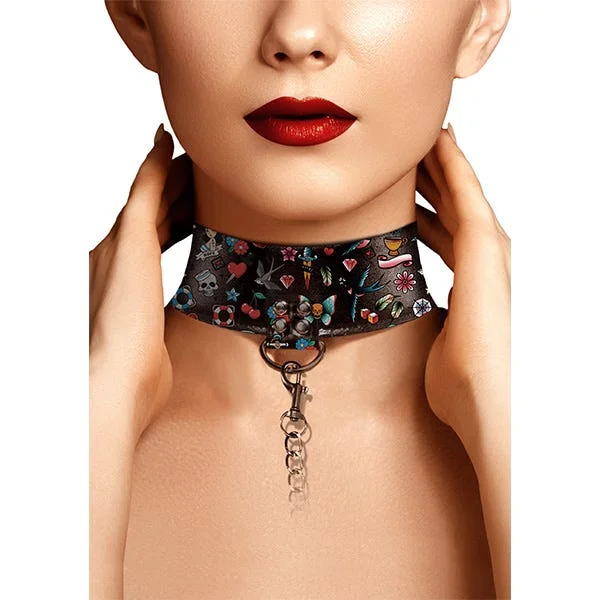 Ouch! Tattoo-Style Printed Leather Collar with Leash — image 4 of 4