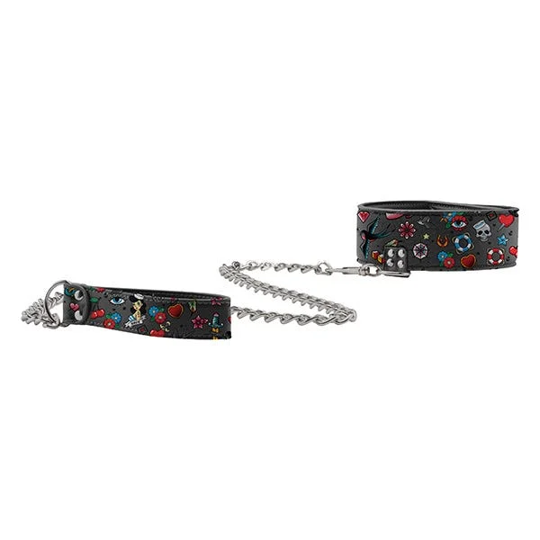 Ouch! Tattoo-Style Printed Leather Collar with Leash — image 3 of 4