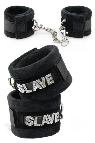 Love In Leather Sparkling SLAVE Furry Handcuffs — image 6 of 10