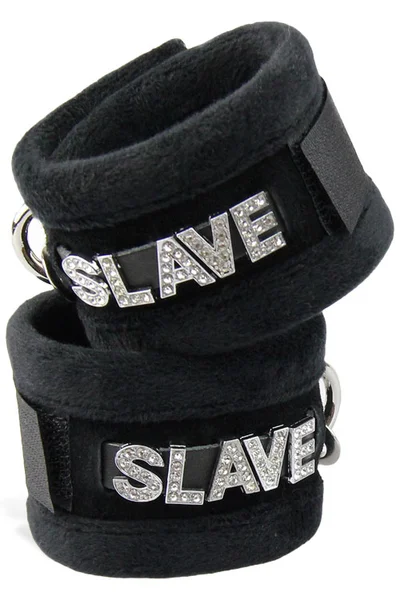 Love In Leather Sparkling SLAVE Furry Handcuffs — image 7 of 10