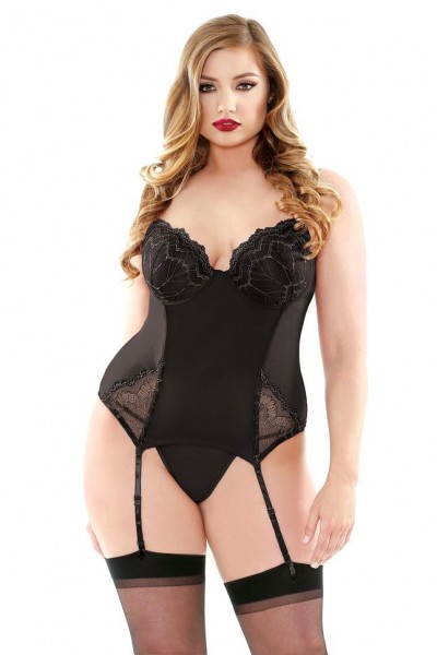 Curve - Metallic Embroidered Bustier With Matching G-string - Black (Plus Size)