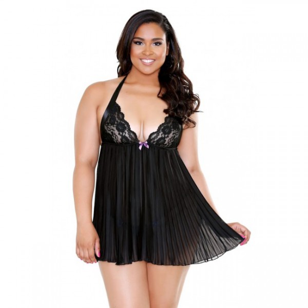 Curve - Pleated Halter Lace Cup Chemise & Matching G-String (Plus Size)