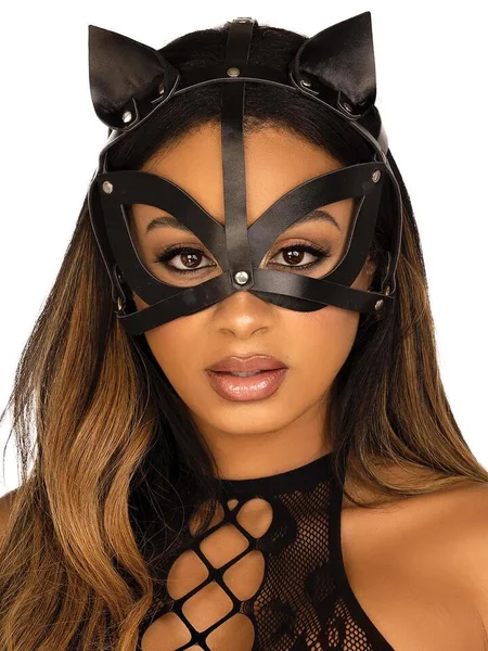 Leg Avenue Black Wet Look and Studs Cat Harness Mask — image 3 of 3