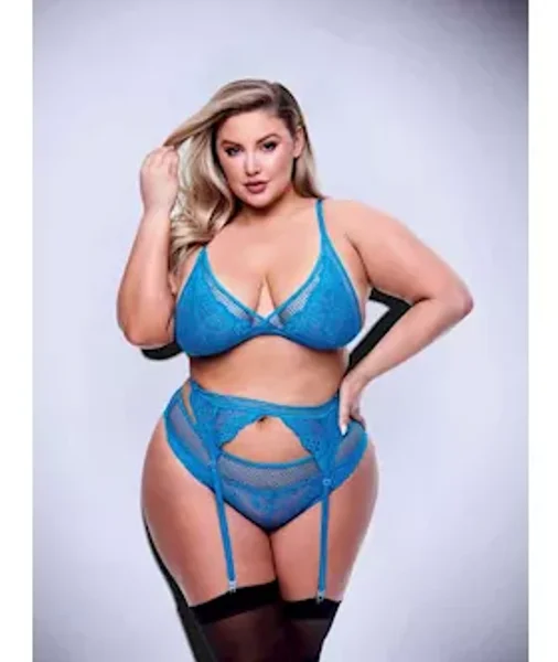 Baci 3pc Lace & Mesh Bra, Garter & Panty Set-blu-q Bx — image 4 of 6