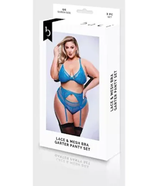 Baci 3pc Lace & Mesh Bra, Garter & Panty Set-blu-q Bx — image 6 of 6