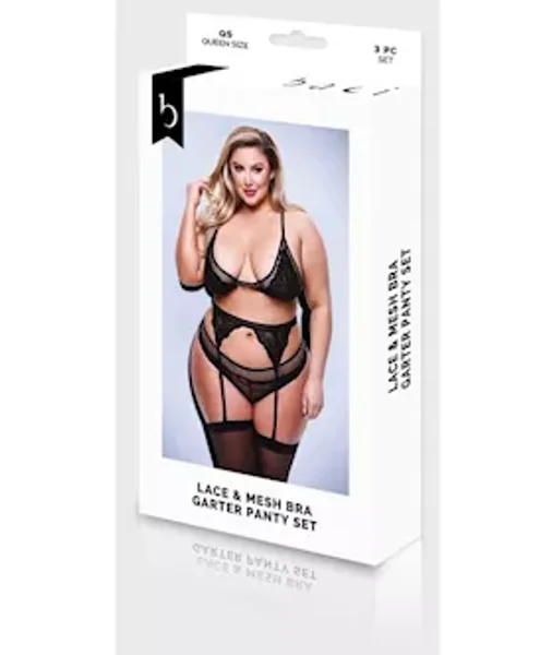 Baci 3pc Lace & Mesh Bra, Garter & Panty Set-blk- Q Bx — image 6 of 6