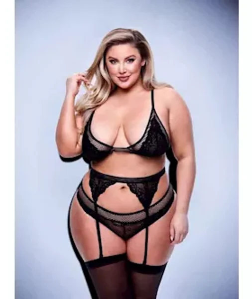 Baci 3pc Lace & Mesh Bra, Garter & Panty Set-blk- Q Bx — image 4 of 6