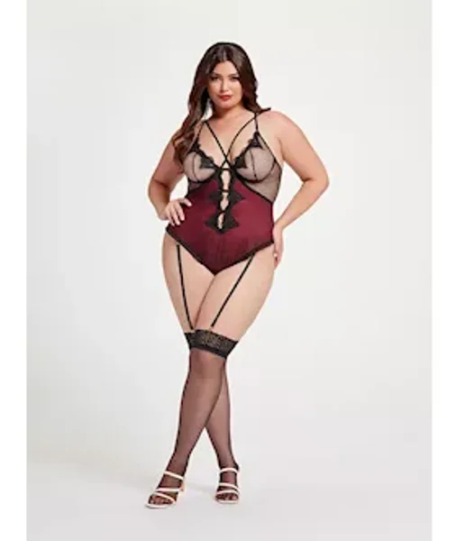 Nothing But Net Guipure Lace And Fishnet Teddy Stm-11456x-black/wine-1x/2x — image 3 of 4