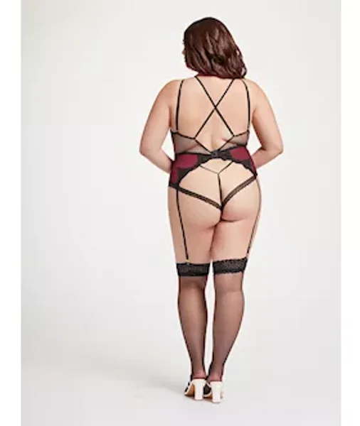 Nothing But Net Guipure Lace And Fishnet Teddy Stm-11456x-black/wine-1x/2x — image 4 of 4