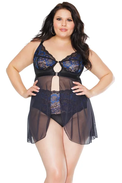 Blue & Black Front Close Babydoll With High Waisted Thong — image 9 of 12
