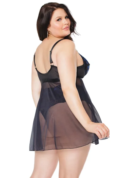 Blue & Black Front Close Babydoll With High Waisted Thong — image 10 of 12