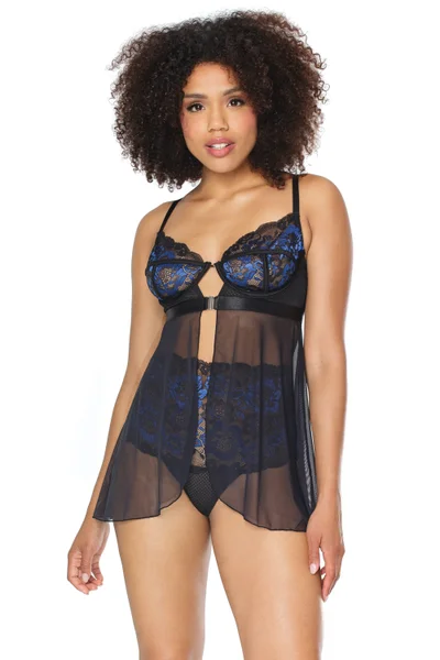 Blue & Black Front Close Babydoll With High Waisted Thong — image 7 of 12
