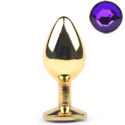 Gold Anal Plug Medium w Purple Diamante
