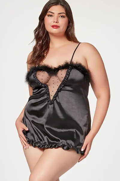 Seven Til Midnight Vintage Glam Black Crepe Chemise with Marabou Trim — image 7 of 8