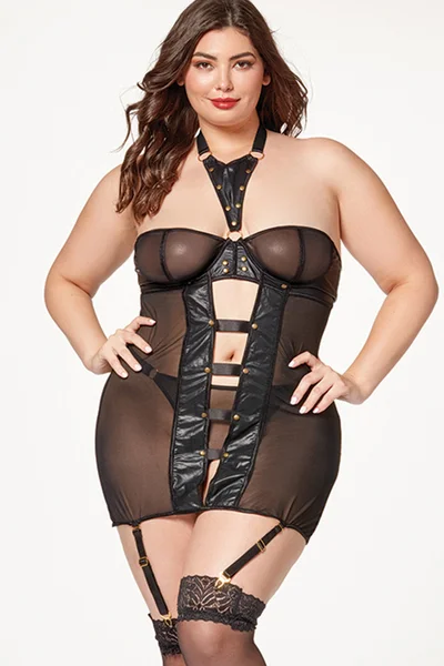 Seven Til Midnight Strapped 2 Piece Black Vegan Leather Chemise Set with Thong — image 11 of 12