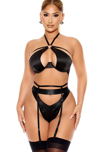 Forplay Soft Life 3 Piece Black Satin Bra Set with Garter Belt & Panty — image 4 of 6