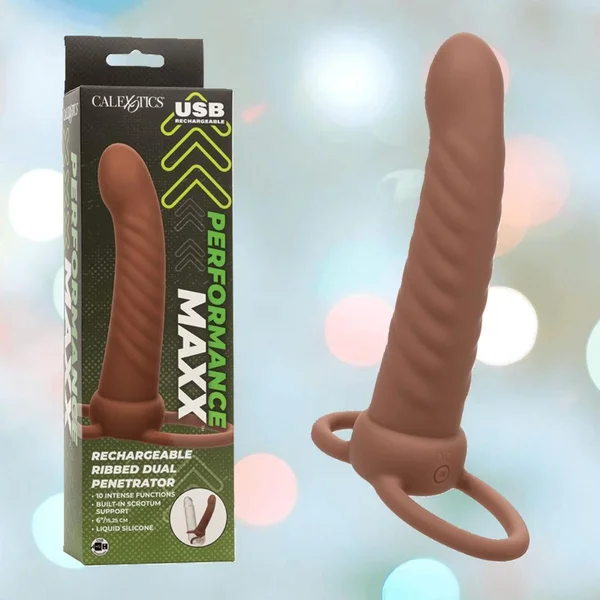 Performance Maxx Rechargeable Ribbed Dual  Penetrator - Brown — image 17 of 24