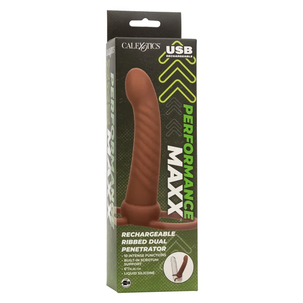 Performance Maxx Rechargeable Ribbed Dual  Penetrator - Brown — image 12 of 24