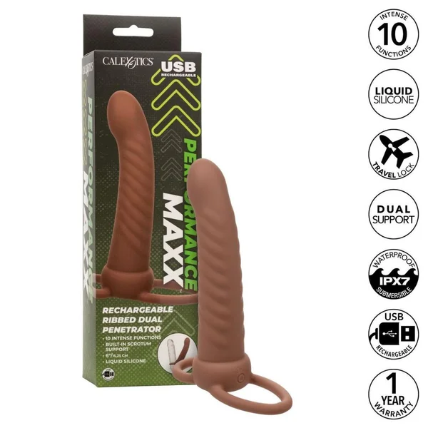 Performance Maxx Rechargeable Ribbed Dual  Penetrator - Brown — image 19 of 24