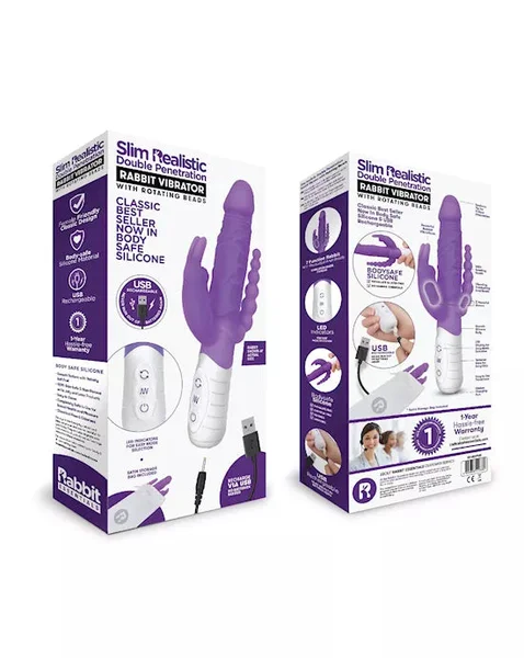 Rabbit Essentials Slim Double Penetration Rechargeable Rabbit Vibrator with Rotating Beads