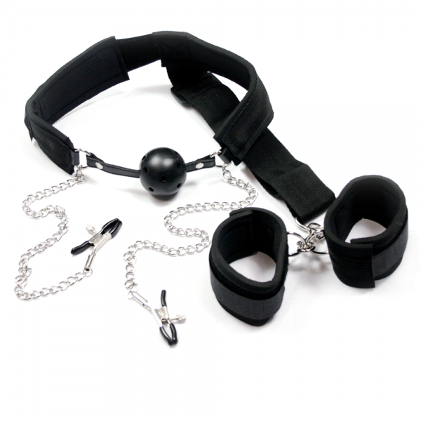 Ball Gag, Nipple Clamp, and Bondage Restraint System