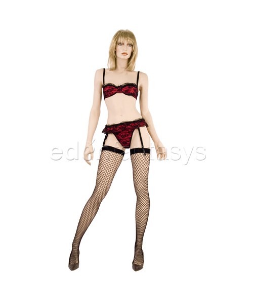Lace overlayed satin bra and garter set