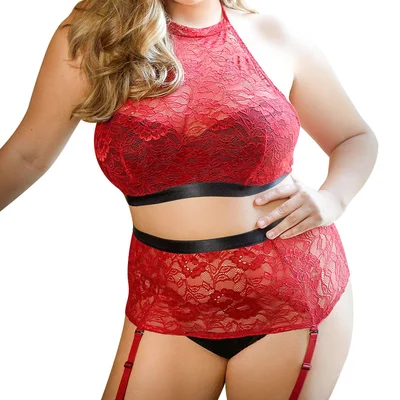 Fantasy Lingerie Curve Shay Halter Top Crotchless High Waist Panty Set