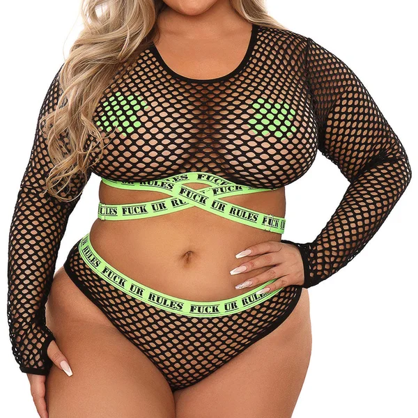 Fantasy Lingerie Vibes Fuck Ur Rules Longsleeve Crop Top, Panty & Pasties Set — image 3 of 5
